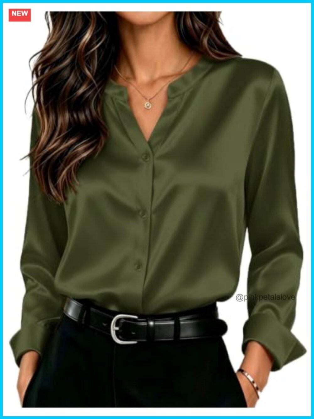 Women Satin Button Down Long Sleeve Blouse V-Neck Office Top